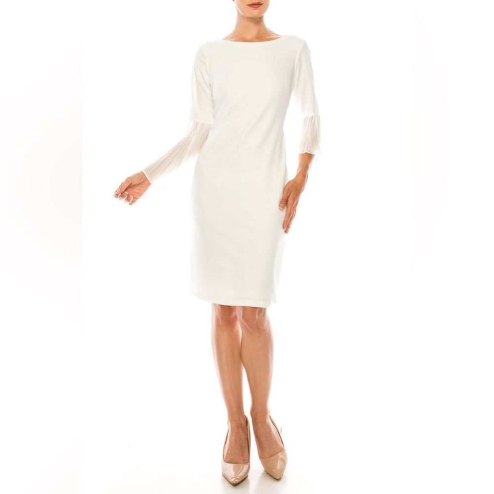 SHELBY & PALMER CHIFFON ACCORDION 3/4 BELL SLEEVE SHEATH DRESS white size 12 NWT